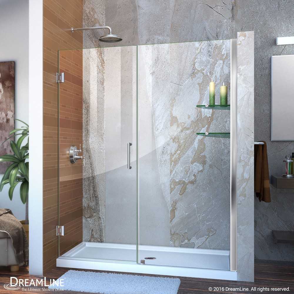 Unidoor 59-60 in. W x 72 in. H Frameless Hinged Shower Door with Shelves in Chrome