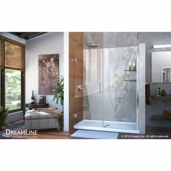 Unidoor 59-60 in. W x 72 in. H Frameless Hinged Shower Door with Shelves in Chrome