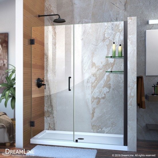 Unidoor 56-57 in. W x 72 in. H Frameless Hinged Shower Door with Shelves in Satin Black