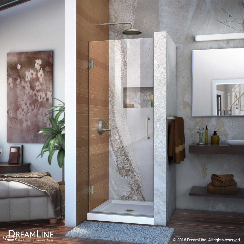 Unidoor 23 in. W x 72 in. H Frameless Hinged Shower Door in Brushed Nickel