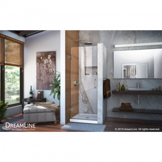Unidoor 23 in. W x 72 in. H Frameless Hinged Shower Door in Brushed Nickel