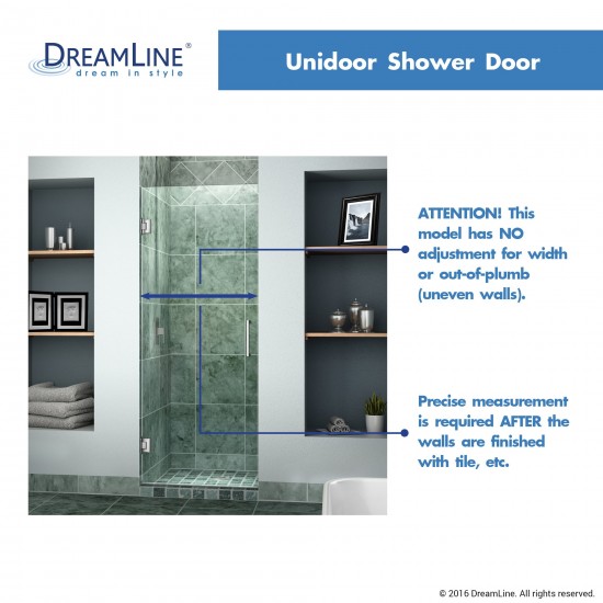 Unidoor 23 in. W x 72 in. H Frameless Hinged Shower Door in Brushed Nickel
