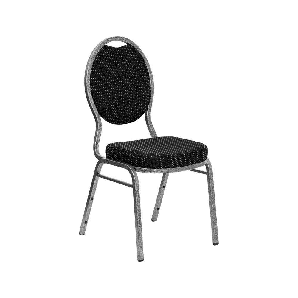 Teardrop Back Stacking Banquet Chair in Black Patterned Fabric - Silver Vein Frame