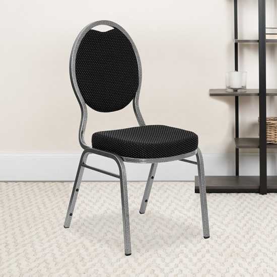 Teardrop Back Stacking Banquet Chair in Black Patterned Fabric - Silver Vein Frame