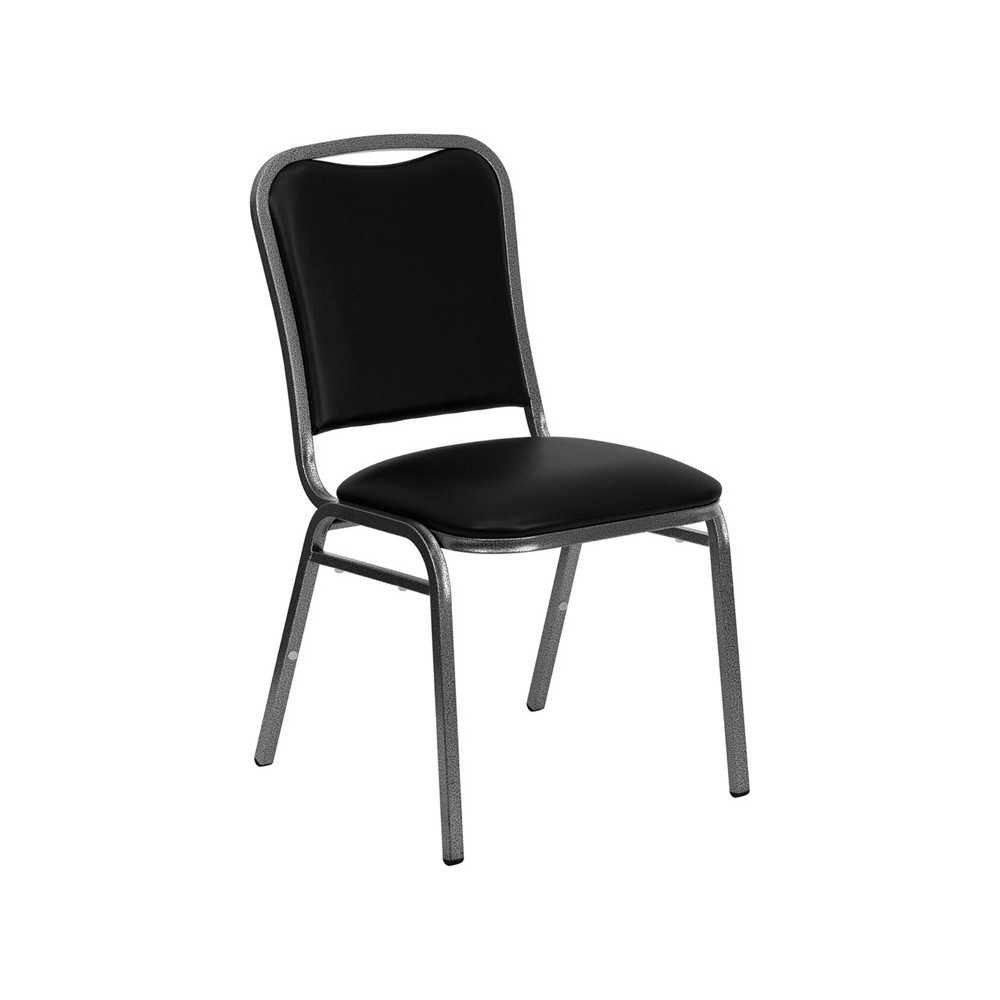 Stacking Banquet Chair in Black Vinyl - Silver Vein Frame