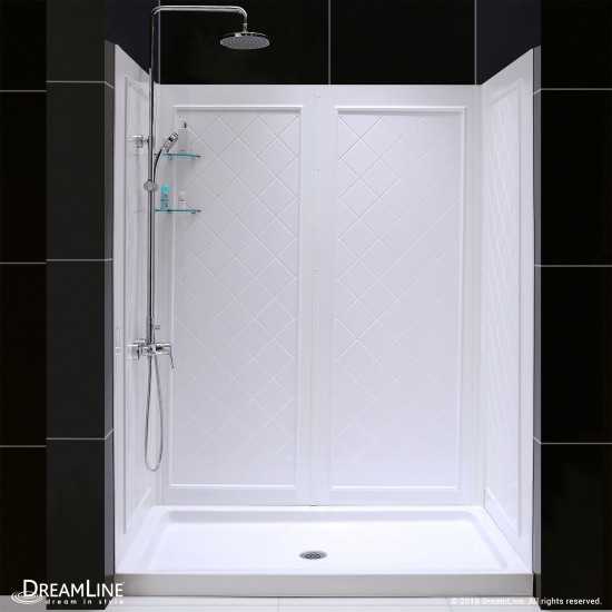 30 in. D x 60 in. W x 76 3/4 in. H Center Drain Acrylic Shower Base and QWALL-5 Backwall Kit In White
