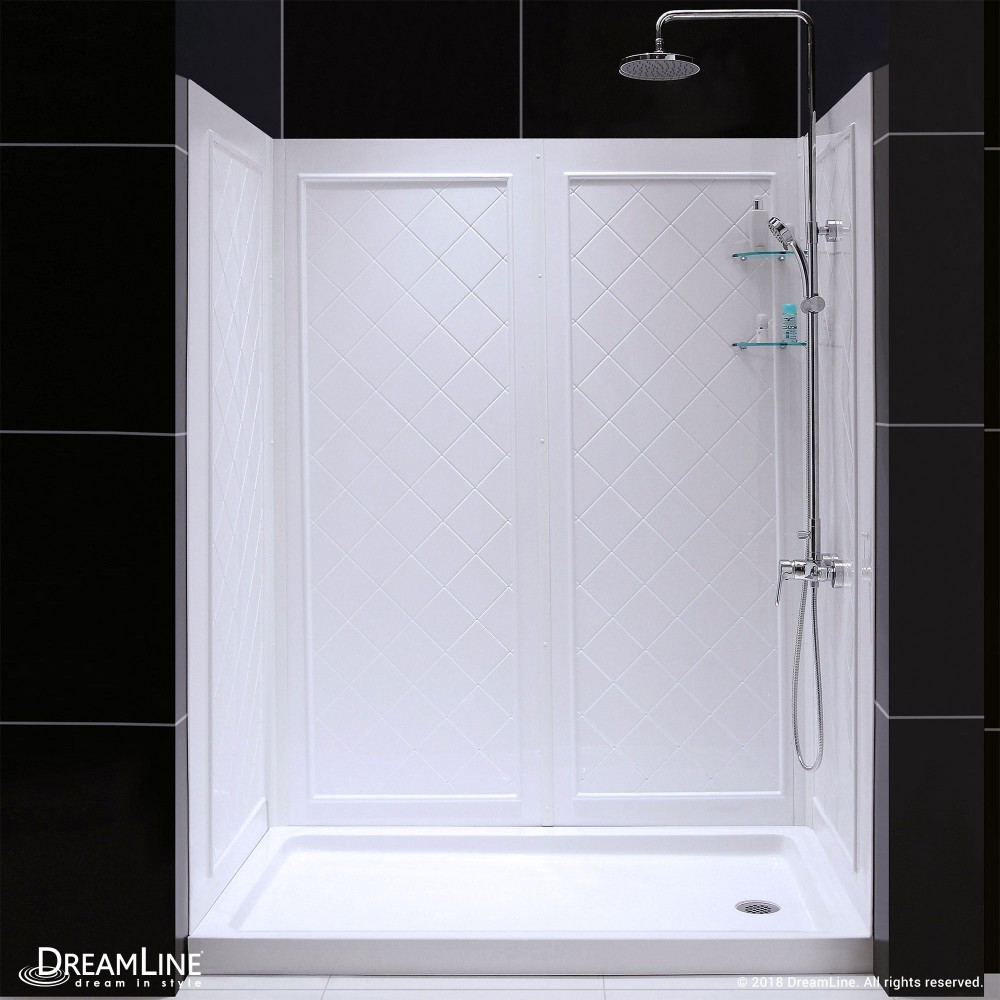 32 in. D x 60 in. W x 76 3/4 in. H Right Drain Acrylic Shower Base and QWALL-5 Backwall Kit In White