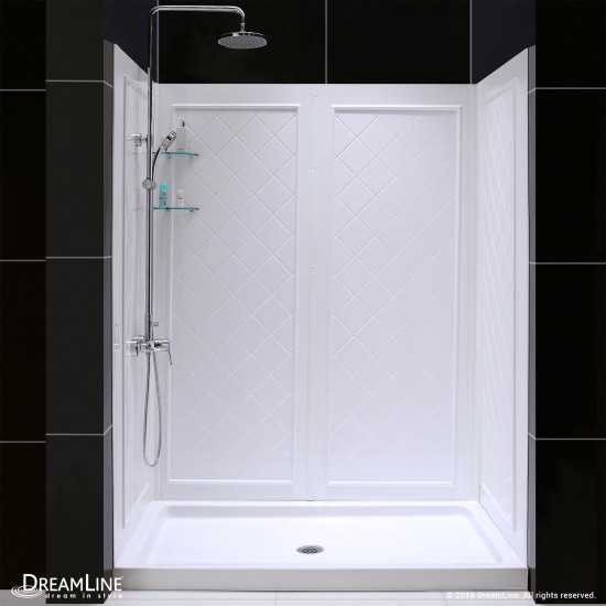 36 in. D x 60 in. W x 76 3/4 in. H Center Drain Acrylic Shower Base and QWALL-5 Backwall Kit In White