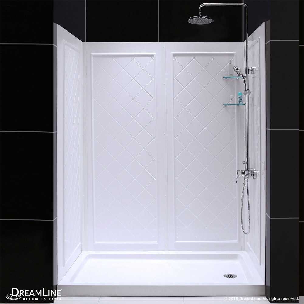 36 in. D x 60 in. W x 76 3/4 in. H Right Drain Acrylic Shower Base and QWALL-5 Backwall Kit In White