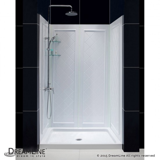 34 in. D x 48 in. W x 76 3/4 in. H Center Drain Acrylic Shower Base and QWALL-5 Backwall Kit In White