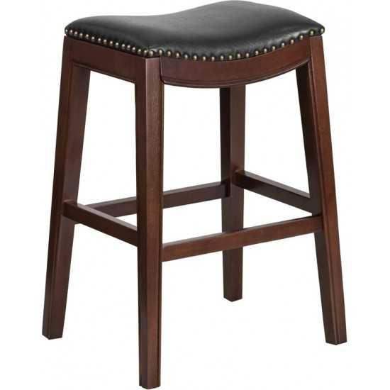 30'' High Backless Cappuccino Wood Barstool with Black LeatherSoft Saddle Seat
