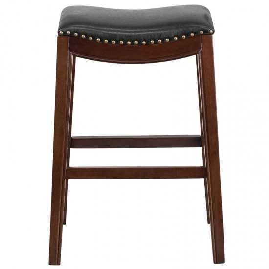 30'' High Backless Cappuccino Wood Barstool with Black LeatherSoft Saddle Seat