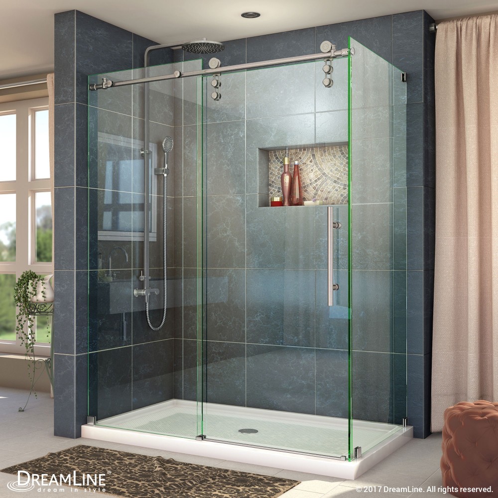 Enigma-Z 34 1/2 in. D x 60 3/8 in. W x 76 in. H Fully Frameless Sliding Shower Enclosure in Brushed Stainless Steel