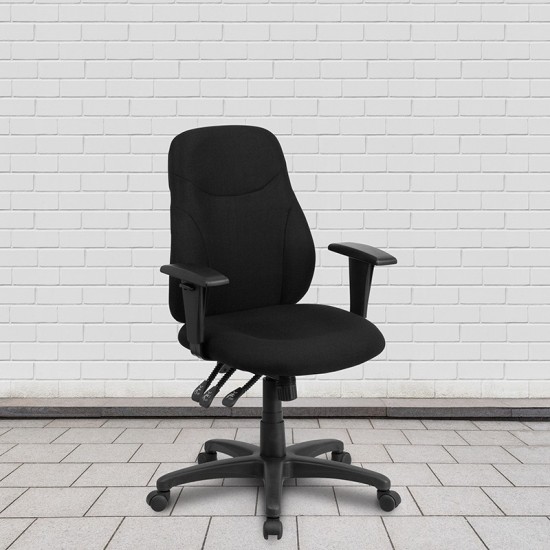 Mid-Back Black Fabric Multifunction Swivel Ergonomic Task Office Chair with Adjustable Arms