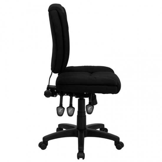 Mid-Back Black Fabric Multifunction Swivel Ergonomic Task Office Chair with Pillow Top Cushioning