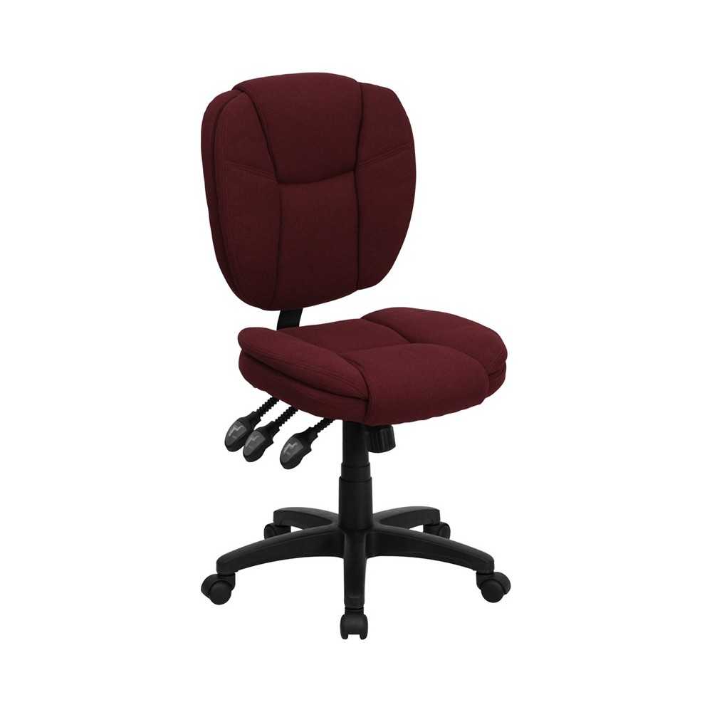 Mid-Back Burgundy Fabric Multifunction Swivel Ergonomic Task Office Chair with Pillow Top Cushioning