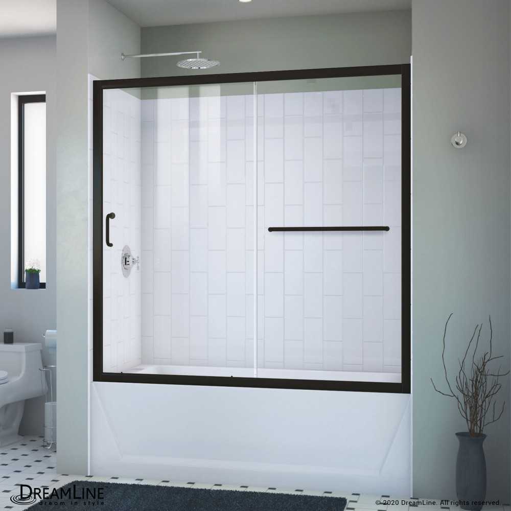 Infinity-Z 56-60 in. W x 60 in. H Clear Sliding Tub Door in Satin Black with White Acrylic Backwall Kit