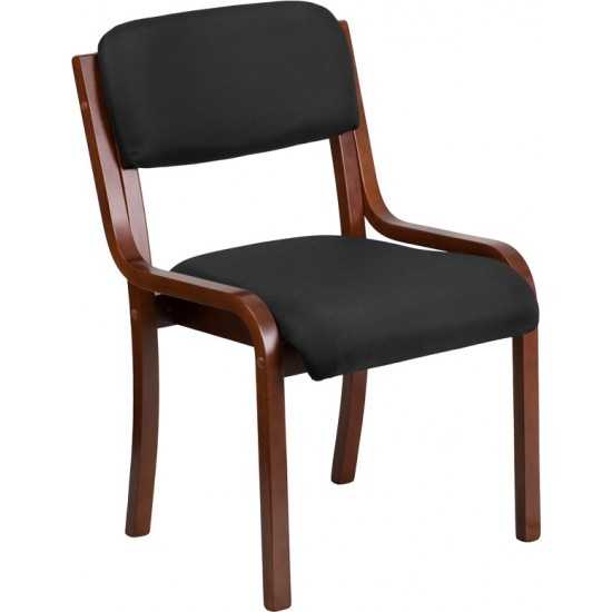 Contemporary Walnut Wood Side Reception Chair with Black Fabric Seat