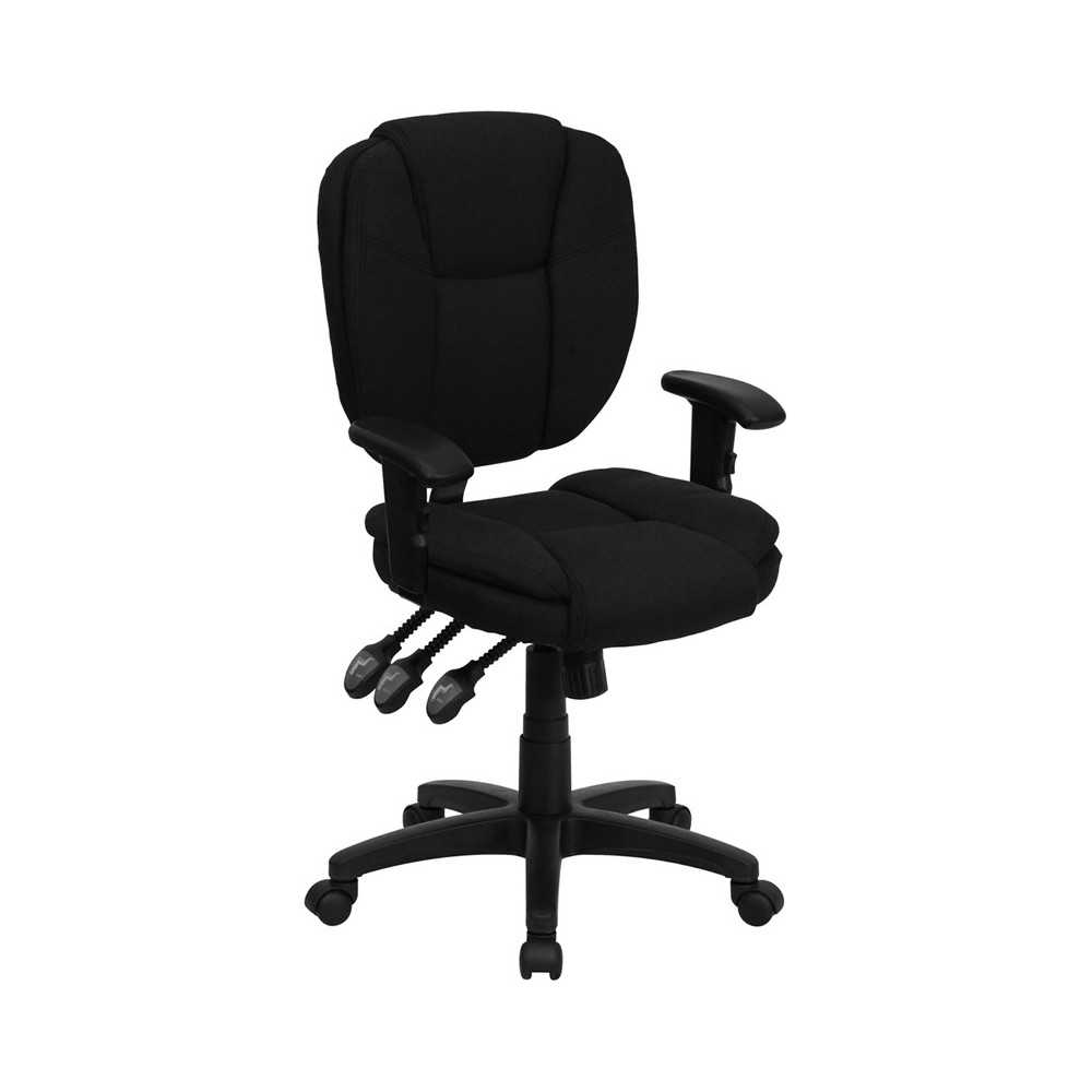 Mid-Back Black Fabric Multifunction Swivel Ergonomic Task Office Chair with Pillow Top Cushioning and Arms