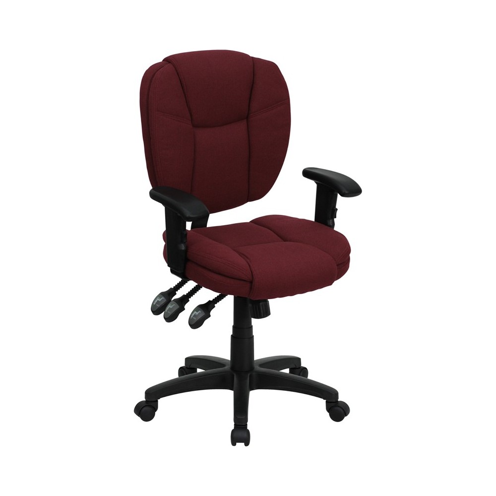 Mid-Back Burgundy Fabric Multifunction Swivel Ergonomic Task Office Chair with Pillow Top Cushioning and Arms