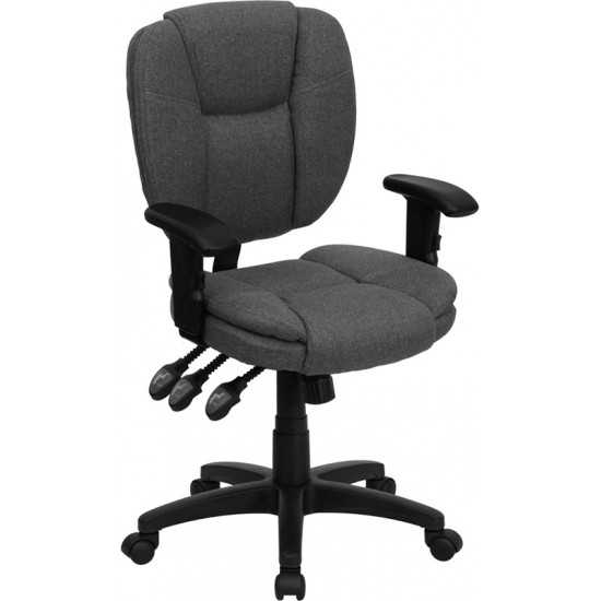 Mid-Back Gray Fabric Multifunction Swivel Ergonomic Task Office Chair with Pillow Top Cushioning and Arms