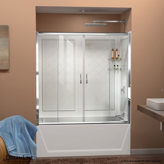 Visions 56-60 in. W x 60 in. H Semi-Frameless Sliding Tub Door in Chrome with White Acrylic Backwall Kit