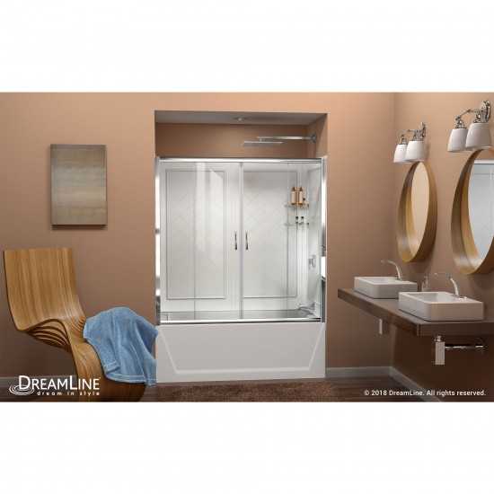 Visions 56-60 in. W x 60 in. H Semi-Frameless Sliding Tub Door in Chrome with White Acrylic Backwall Kit