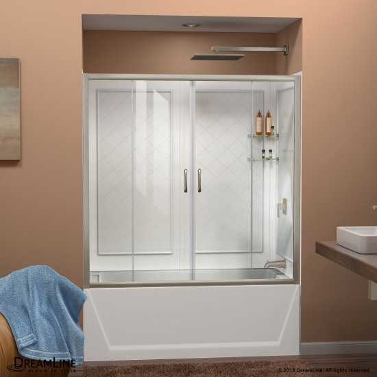 Visions 56-60 in. W x 60 in. H Semi-Frameless Sliding Tub Door in Brushed Nickel with White Acrylic Backwall Kit