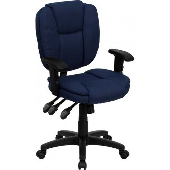 Mid-Back Navy Blue Fabric Multifunction Swivel Ergonomic Task Office Chair with Pillow Top Cushioning and Arms