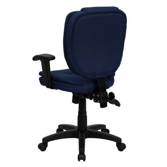 Mid-Back Navy Blue Fabric Multifunction Swivel Ergonomic Task Office Chair with Pillow Top Cushioning and Arms