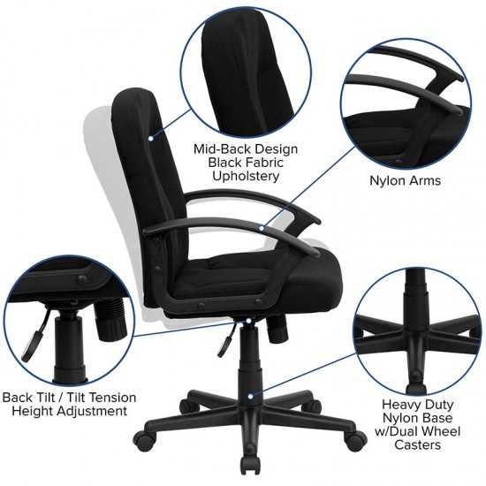 Mid-Back Black Fabric Executive Swivel Office Chair with Nylon Arms