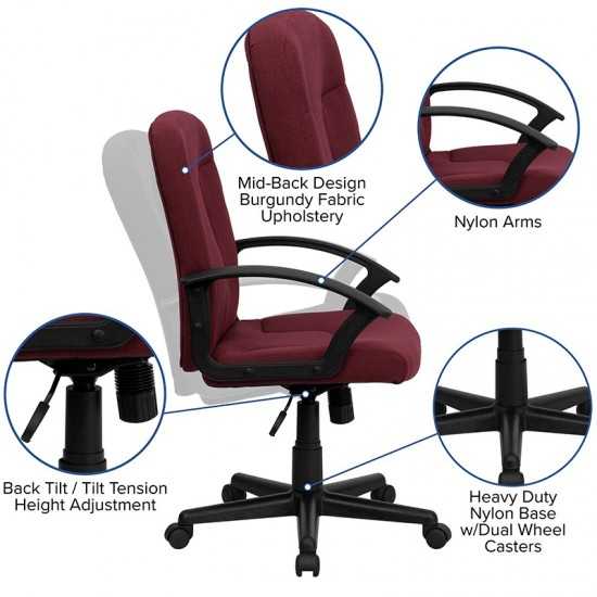 Mid-Back Burgundy Fabric Executive Swivel Office Chair with Nylon Arms