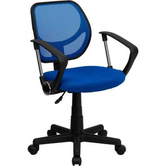 Low Back Blue Mesh Swivel Task Office Chair with Curved Square Back and Arms