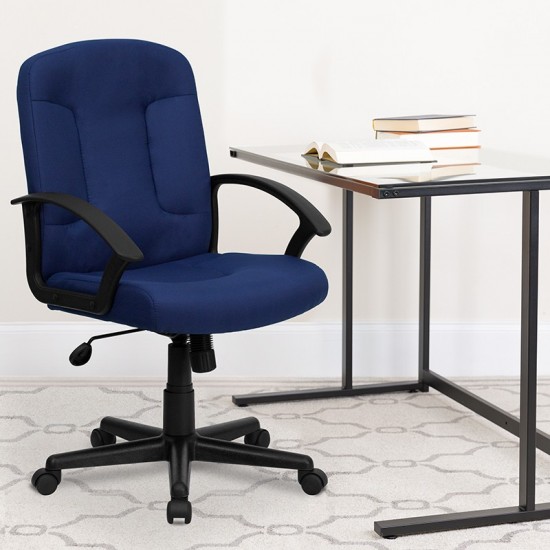 Mid-Back Navy Fabric Executive Swivel Office Chair with Nylon Arms