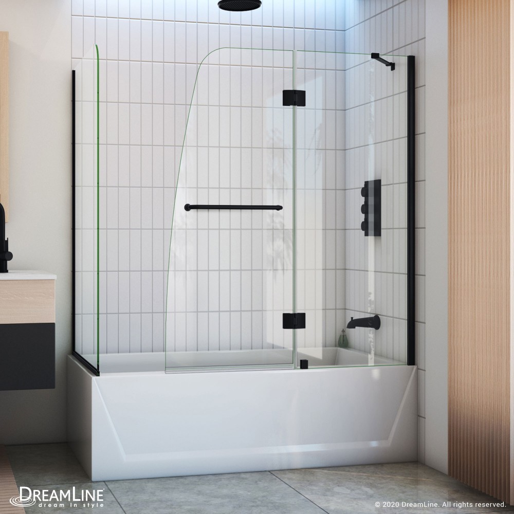 Aqua 56-60 in. W x 30 in. D x 58 in. H Frameless Hinged Tub Door with 30 in. Return Panel in Satin Black