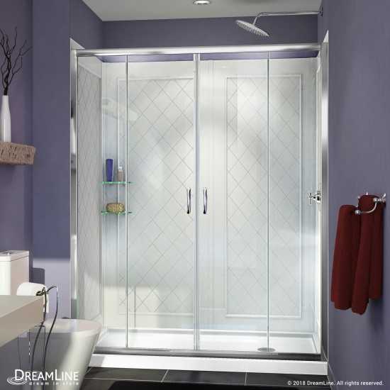Visions 30 in. D x 60 in. W x 76 3/4 in. H Sliding Shower Door in Chrome with Right Drain White Base, Backwalls