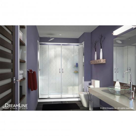 Visions 32 in. D x 60 in. W x 76 3/4 in. H Sliding Shower Door in Chrome with Left Drain White Base, Backwalls