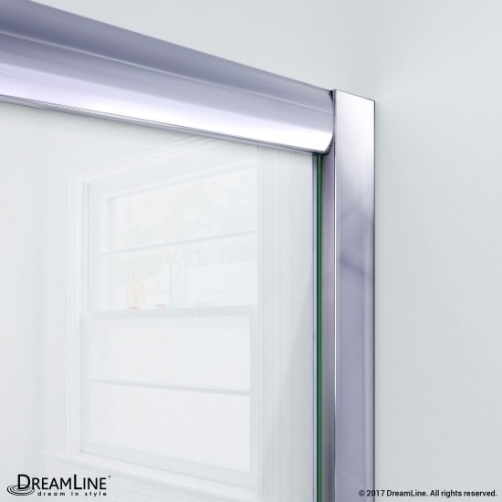 Visions 34 in. D x 60 in. W x 76 3/4 in. H Sliding Shower Door in Chrome with Center Drain White Base, Backwalls