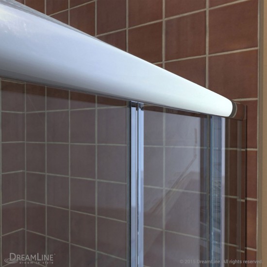Visions 34 in. D x 60 in. W x 76 3/4 in. H Sliding Shower Door in Chrome with Center Drain White Base, Backwalls