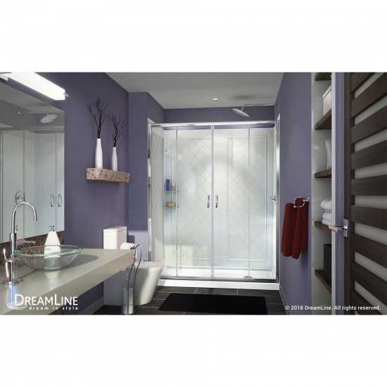 Visions 34 in. D x 60 in. W x 76 3/4 in. H Sliding Shower Door in Chrome with Right Drain White Base, Backwalls