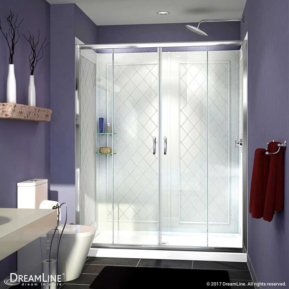 Visions 36 in. D x 60 in. W x 76 3/4 in. H Sliding Shower Door in Chrome with Center Drain White Base, Backwalls