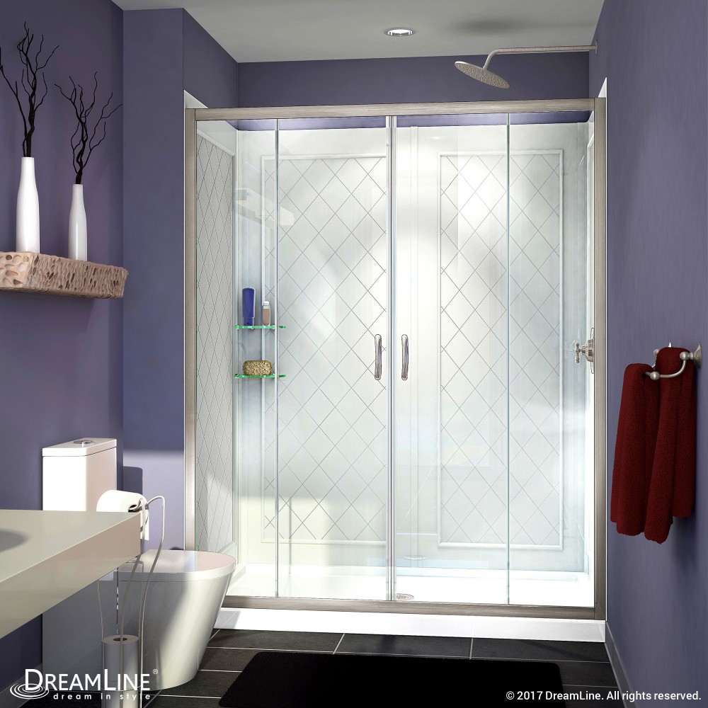 Visions 30 in. D x 60 in. W x 76 3/4 in. H Sliding Shower Door in Brushed Nickel with Center Drain White Base, Backwalls