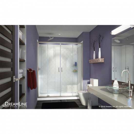 Visions 32 in. D x 60 in. W x 76 3/4 in. H Sliding Shower Door in Brushed Nickel with Left Drain White Base, Backwalls