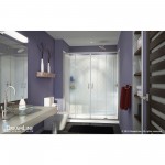 Visions 32 in. D x 60 in. W x 76 3/4 in. H Sliding Shower Door in Brushed Nickel with Right Drain White Base, Backwalls