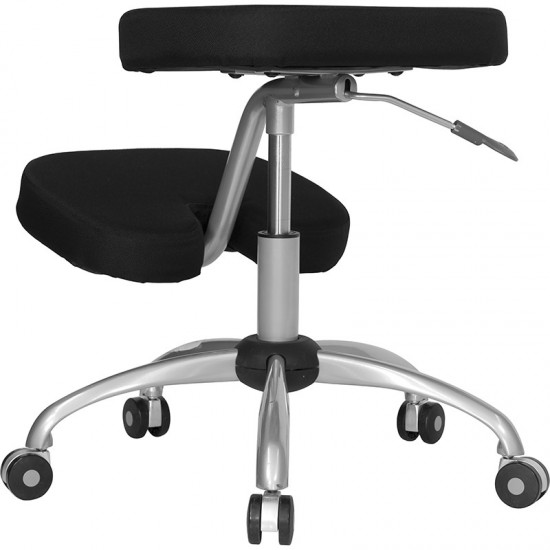 Mobile Ergonomic Kneeling Office Chair with Silver Frame in Black Fabric