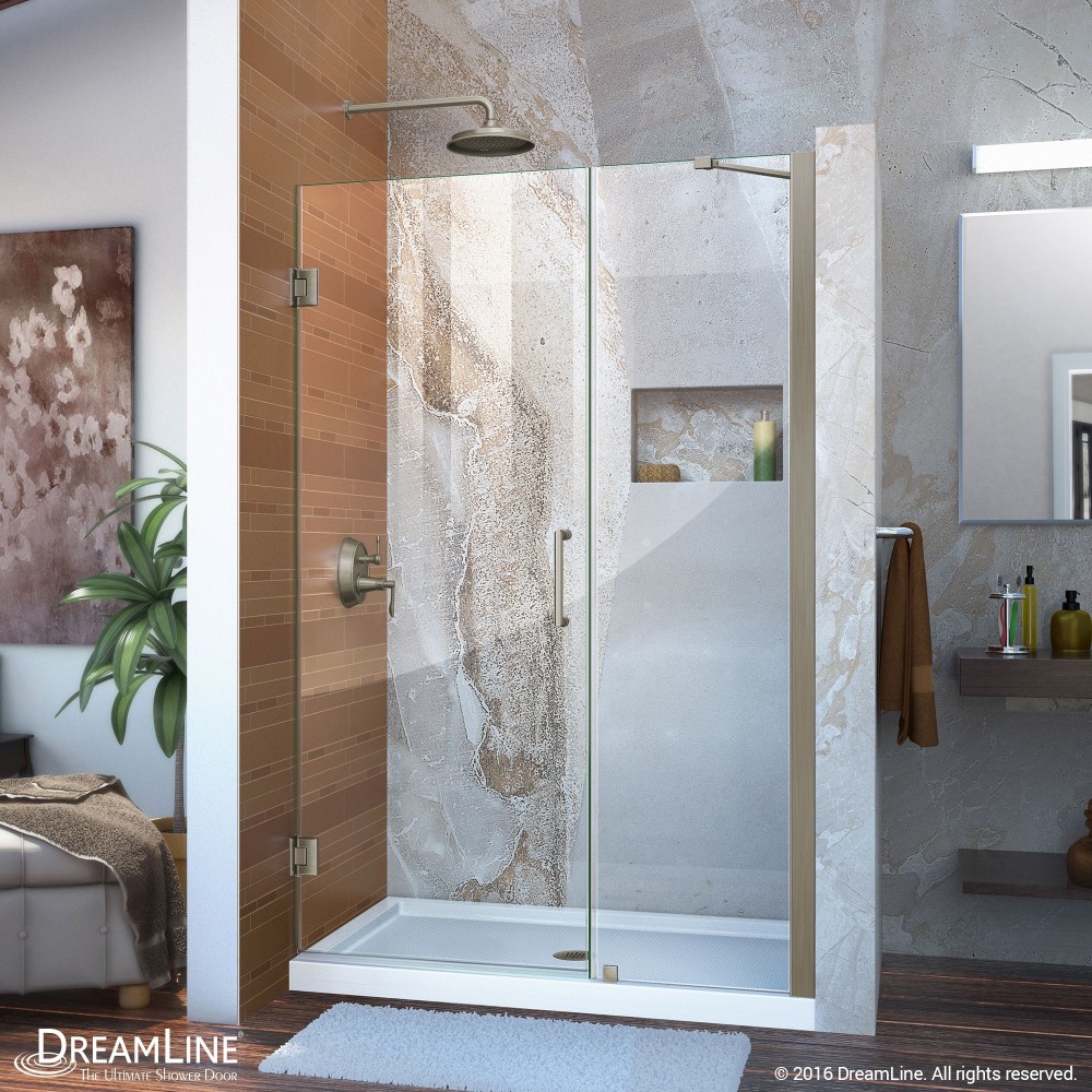 Unidoor 41-42 in. W x 72 in. H Frameless Hinged Shower Door with Support Arm in Brushed Nickel