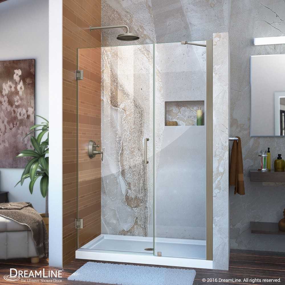 Unidoor 45-46 in. W x 72 in. H Frameless Hinged Shower Door with Support Arm in Brushed Nickel