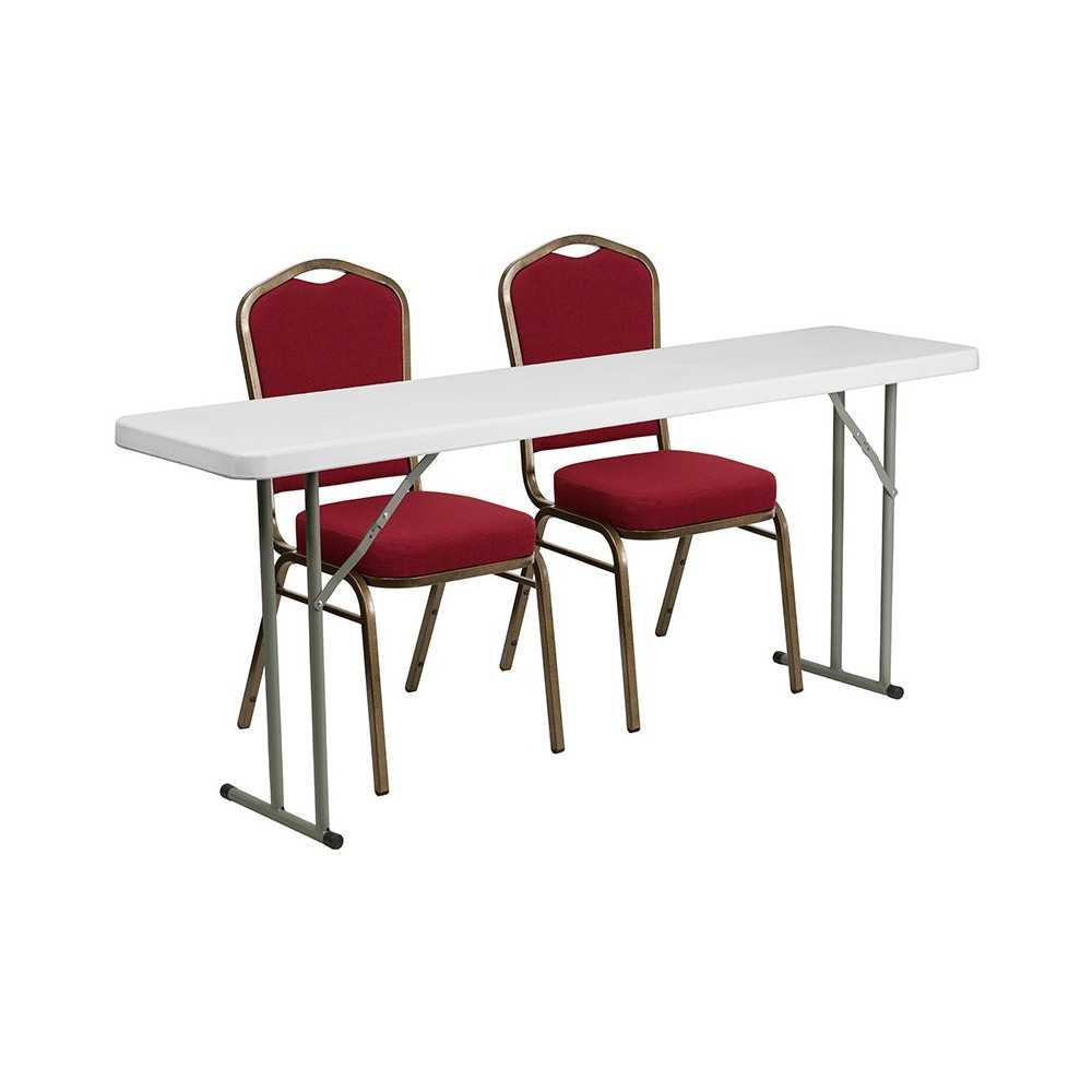 6-Foot Plastic Folding Training Table Set with 2 Crown Back Stack Chairs