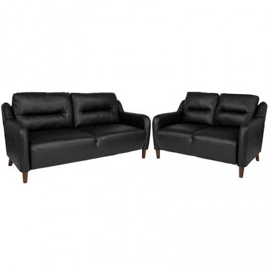 Newton Hill Upholstered Bustle Back Loveseat and Sofa Set in Black LeatherSoft