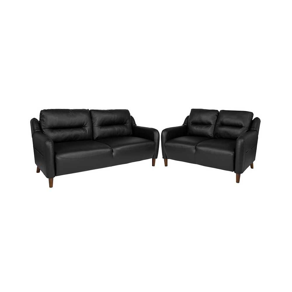 Newton Hill Upholstered Bustle Back Loveseat and Sofa Set in Black LeatherSoft